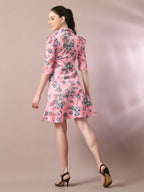 Myshka Women's Pink Printed Shirt Collar Fit and Flare Party Dress | Grocsy