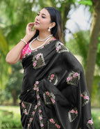 Teeya Creation Black Color Pure Paper Silk Heavy Embroidery Work Wedding Wear Saree | Grocsy