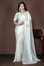 Morchari Off White Chiffon Hand Embroidery Saree And Stitched Blouse | Grocsy