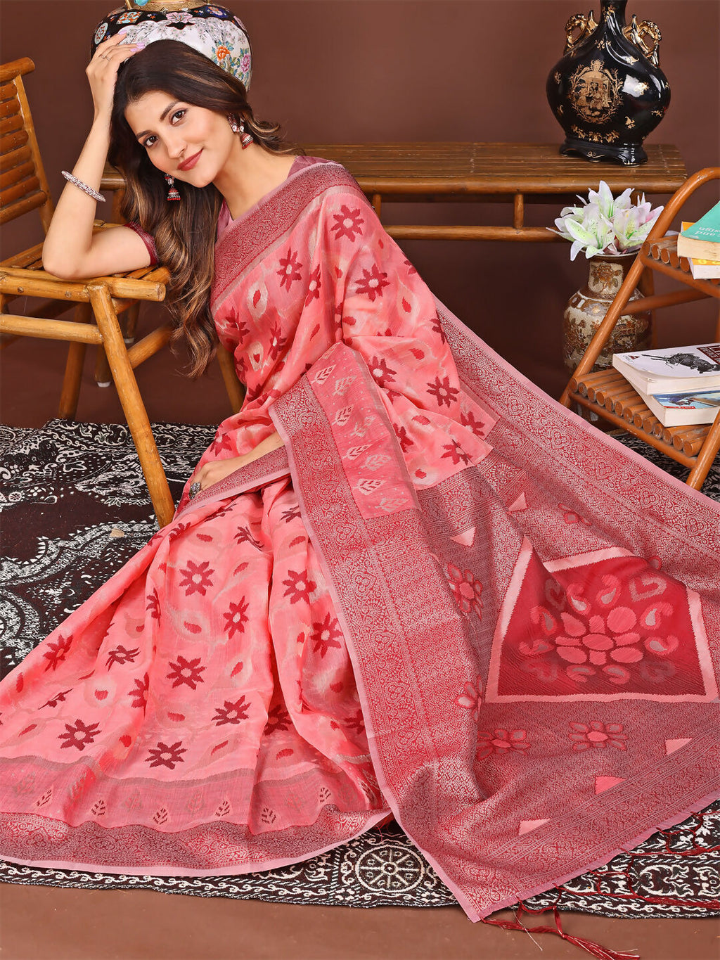 Shree Shyam Fashion Sajni Peach Linen Cotton Saree | Grocsy