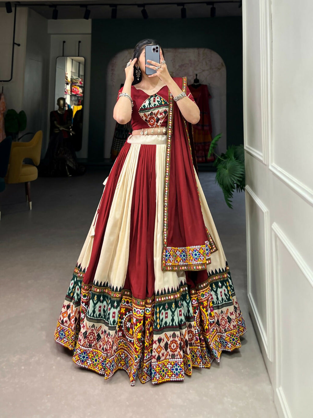 Vastranavya Navaratri Special Rayon with Printed Patch With Gota Patti And Paper Mirror Work And Cowrie (Kodi) Lace Touch Up Lehenga with Stitched Blouse - Off White | Grocsy
