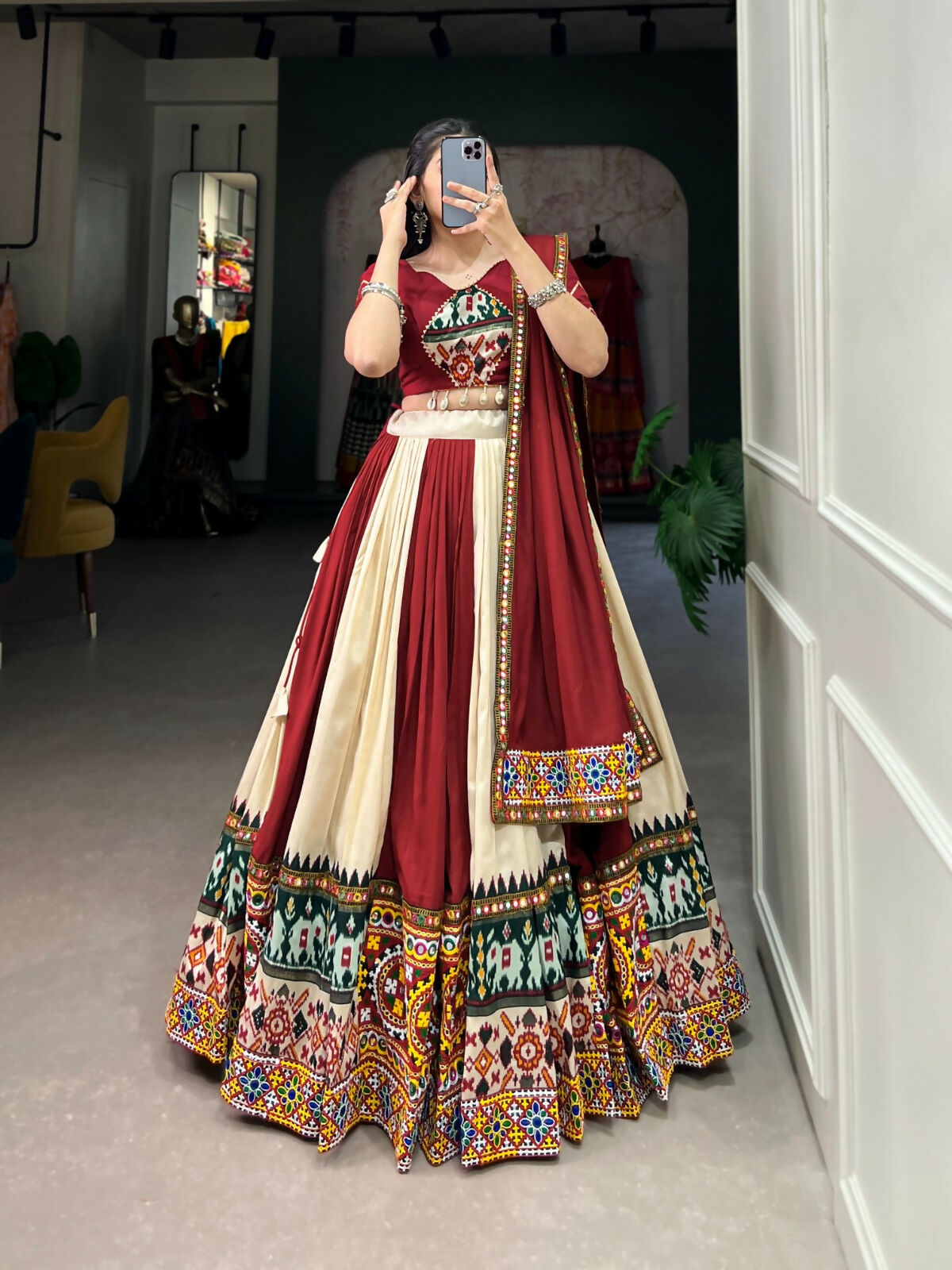 Vastranavya Navaratri Special Rayon with Printed Patch With Gota Patti And Paper Mirror Work And Cowrie (Kodi) Lace Touch Up Lehenga with Stitched Blouse - Off White | Grocsy