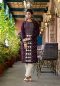 Juniper Women's Mauve Ethnic Motif Printed Polycotton Straight Round Neck Women Kurta | Grocsy
