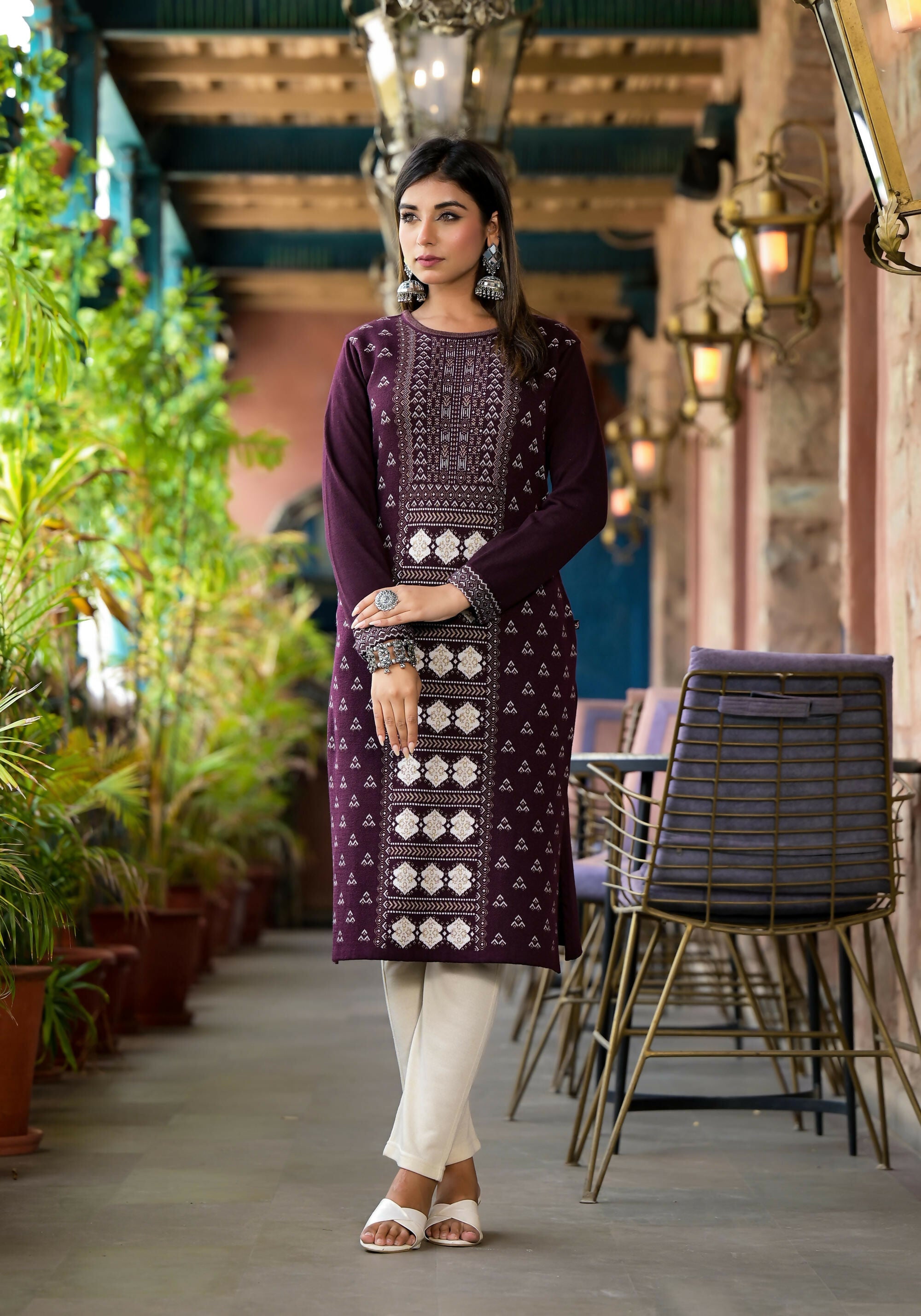 Juniper Women's Mauve Ethnic Motif Printed Polycotton Straight Round Neck Women Kurta | Grocsy