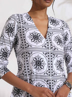 trueBrowns White Cotton Geometric Print Angrakha Kurta Set | Grocsy