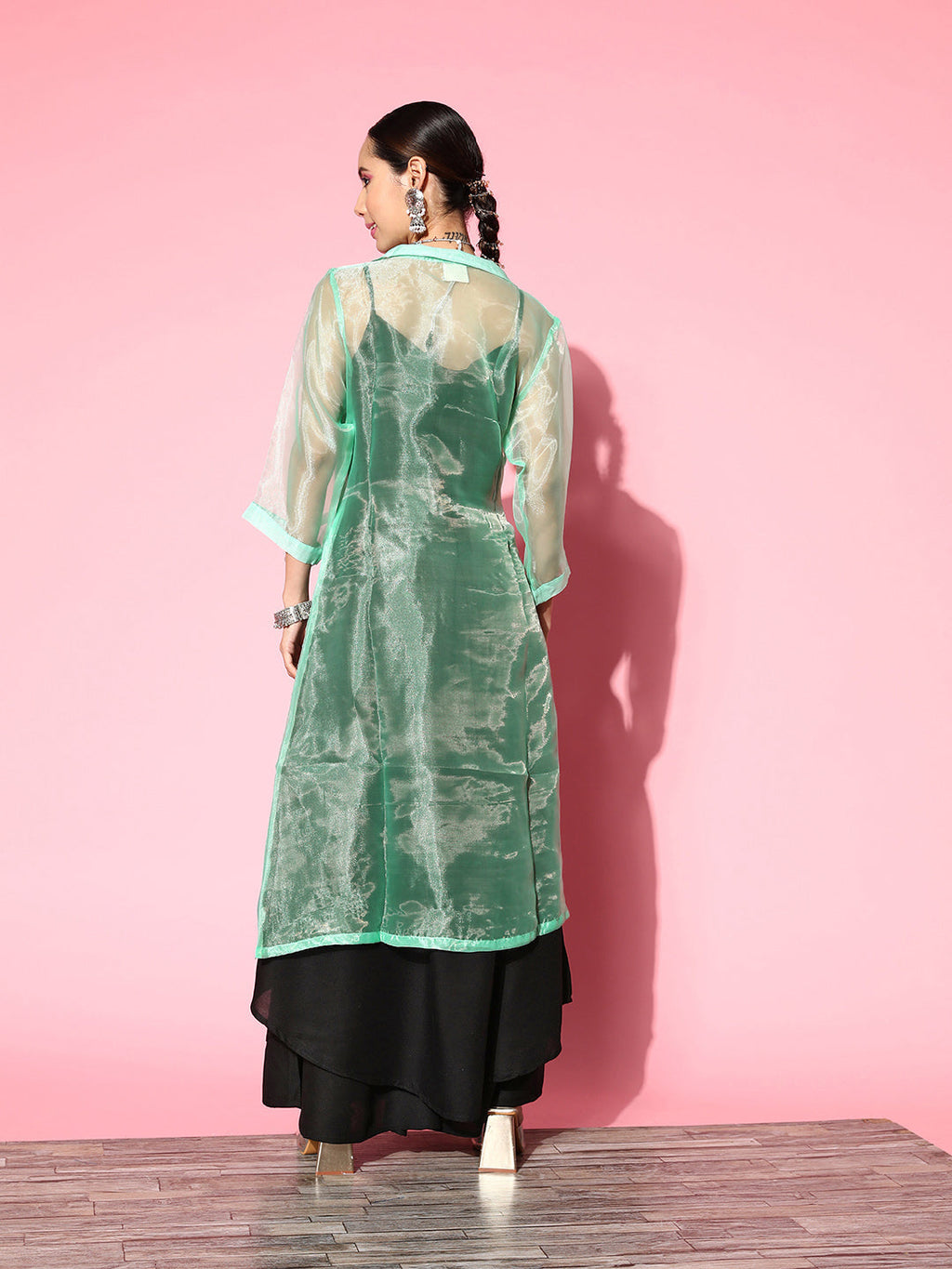 InWeave Women's Black Strappy Kurta Set With Teal Organza Cape | Grocsy