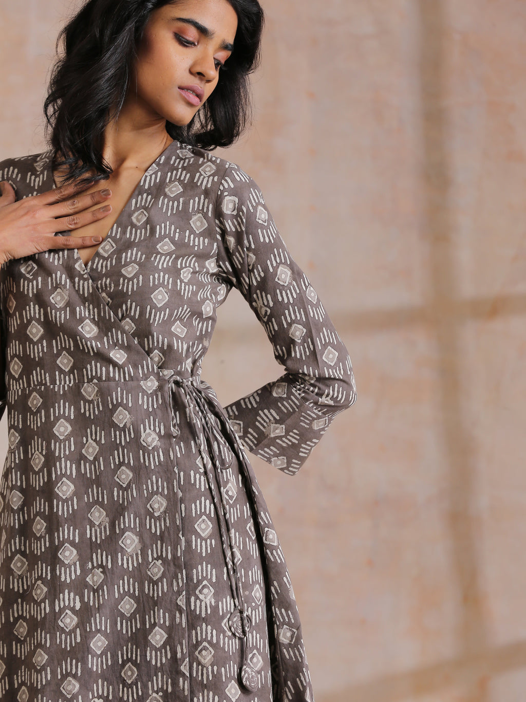 trueBrowns Clay Dabu Geometric Print Cotton Angrakha Kurta Pant Set | Grocsy