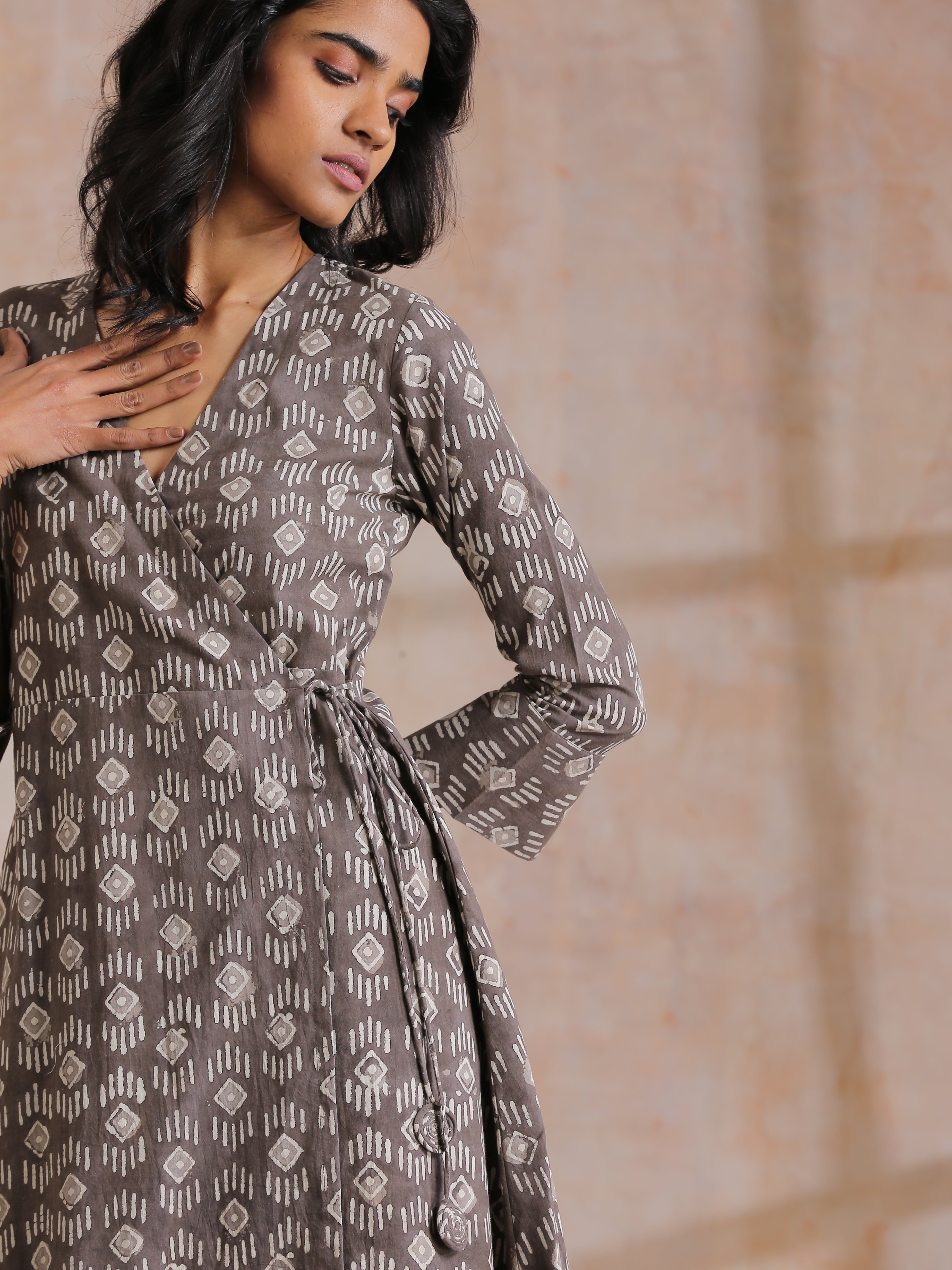 trueBrowns Clay Dabu Geometric Print Cotton Angrakha Kurta Pant Set | Grocsy