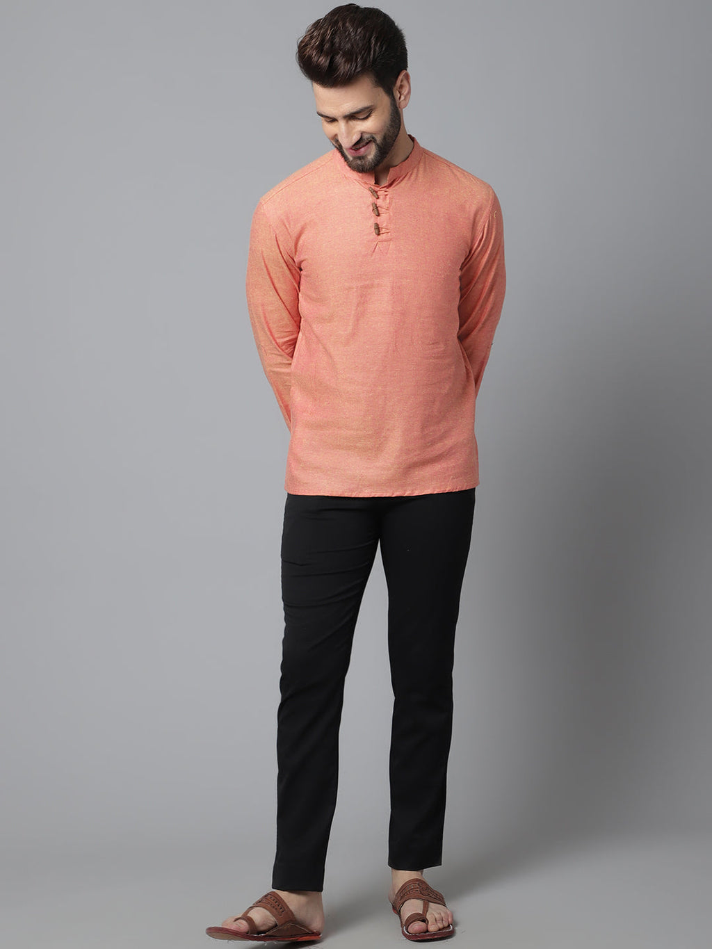 Even Apparels Orange Pure Cotton Kurta With Band Collar | Grocsy