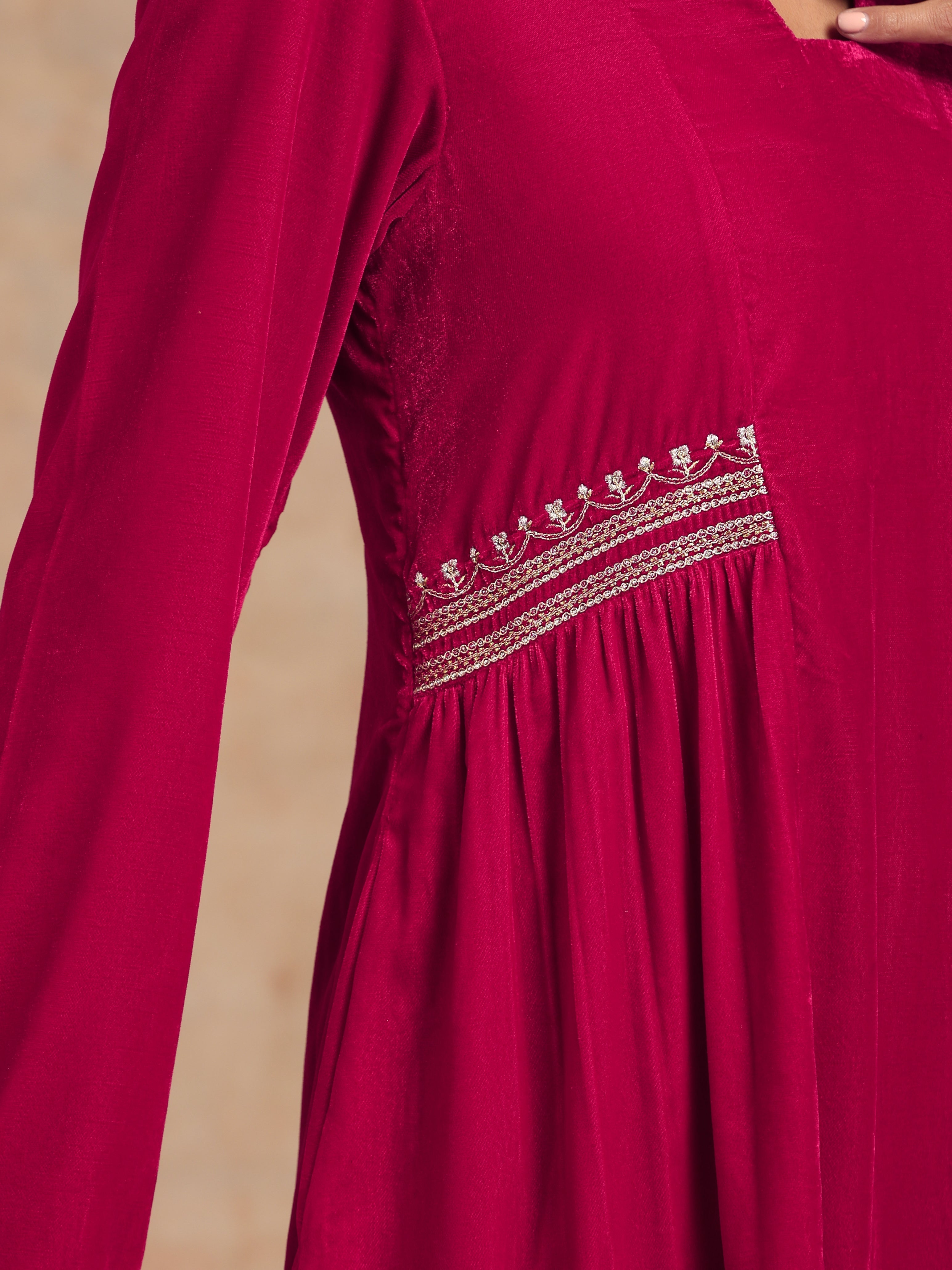 trueBrowns Rani Pink Velvet Embroidered Kurta | Grocsy