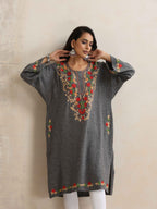 trueBrowns Grey Kashmiri Embroidered Woollen Phiran Kurta | Grocsy