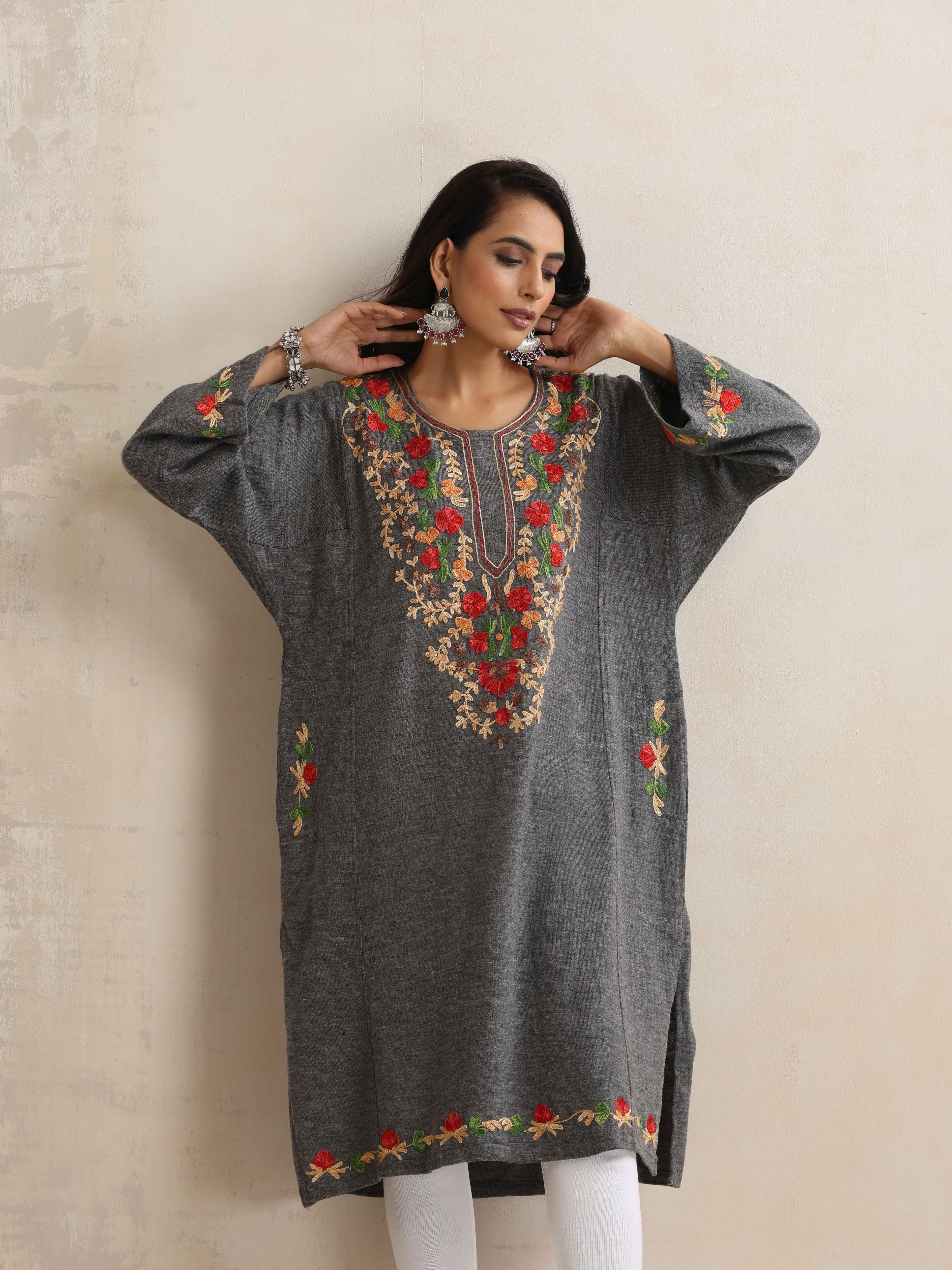 trueBrowns Grey Kashmiri Embroidered Woollen Phiran Kurta | Grocsy