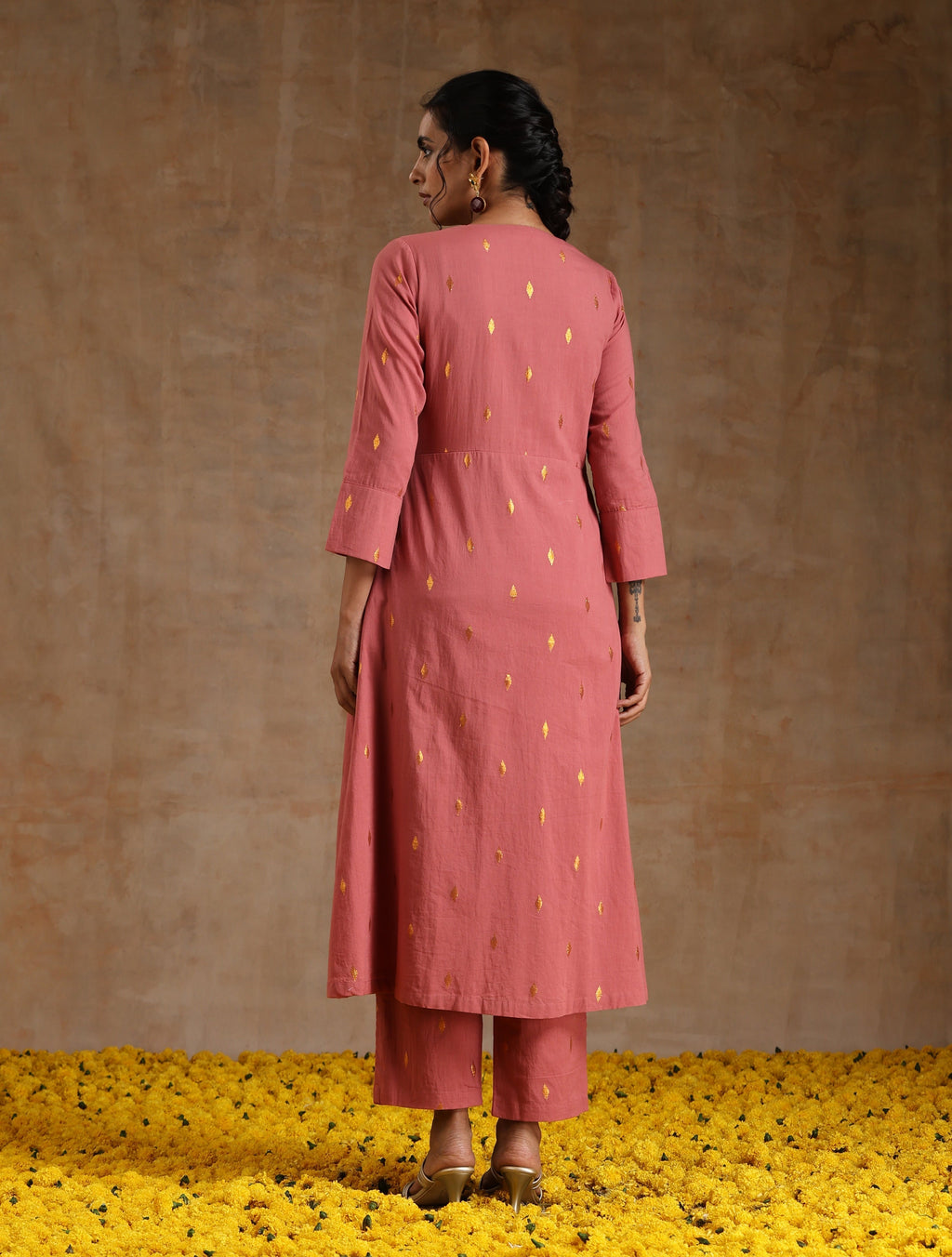 trueBrowns Blush Gold Cotton Angrakha Kurta Set | Grocsy