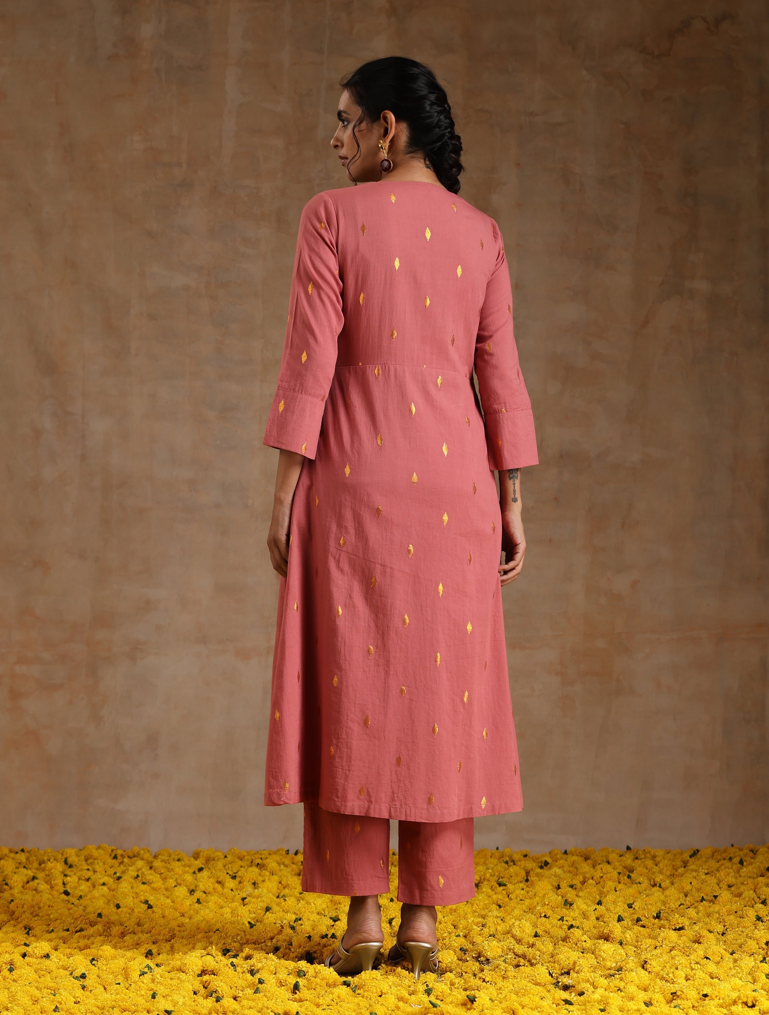trueBrowns Blush Gold Cotton Angrakha Kurta Set | Grocsy