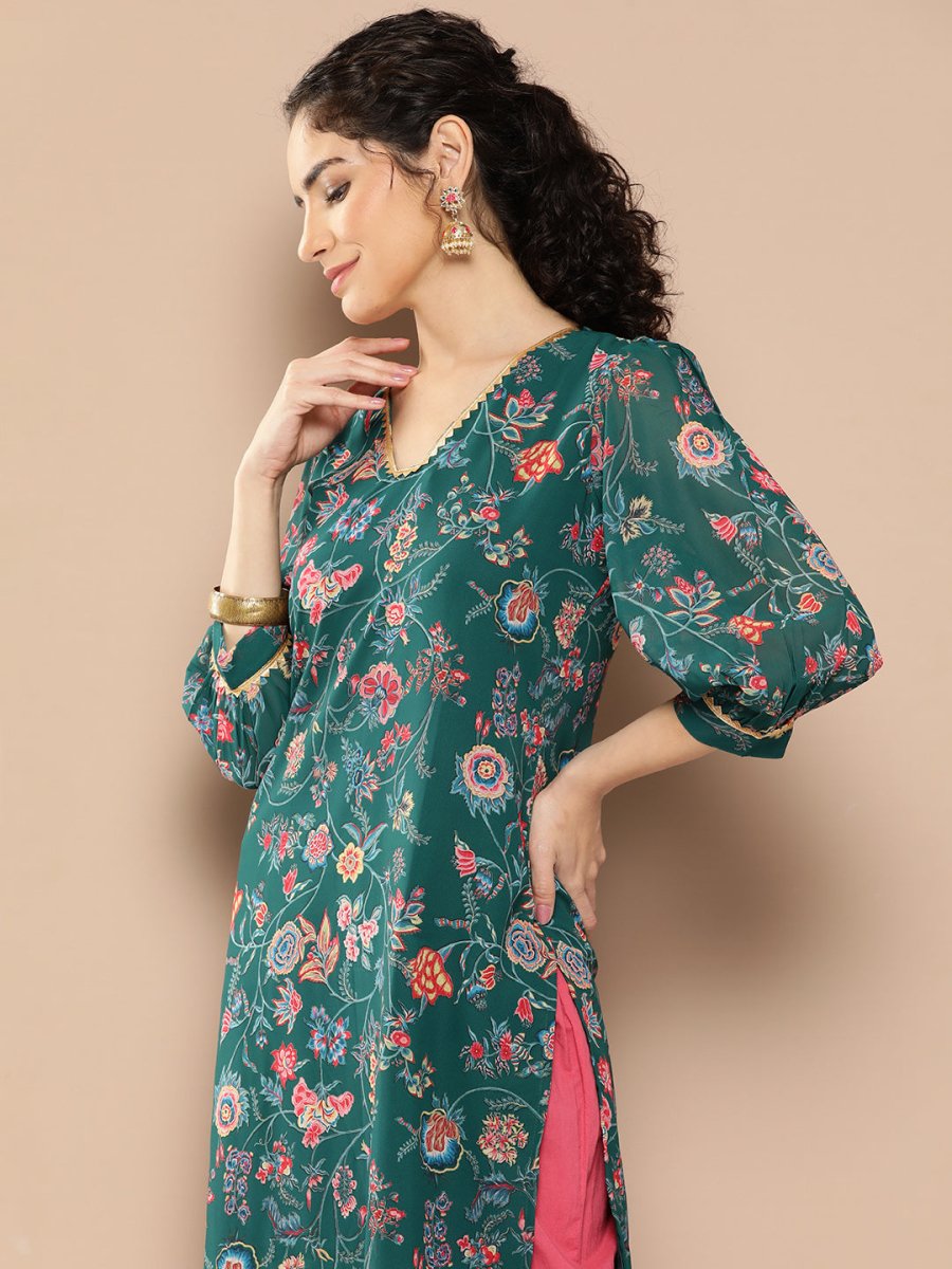 Ahalyaa Women Floral Printed Gotta Patti Floral Georgette Kurta | Grocsy
