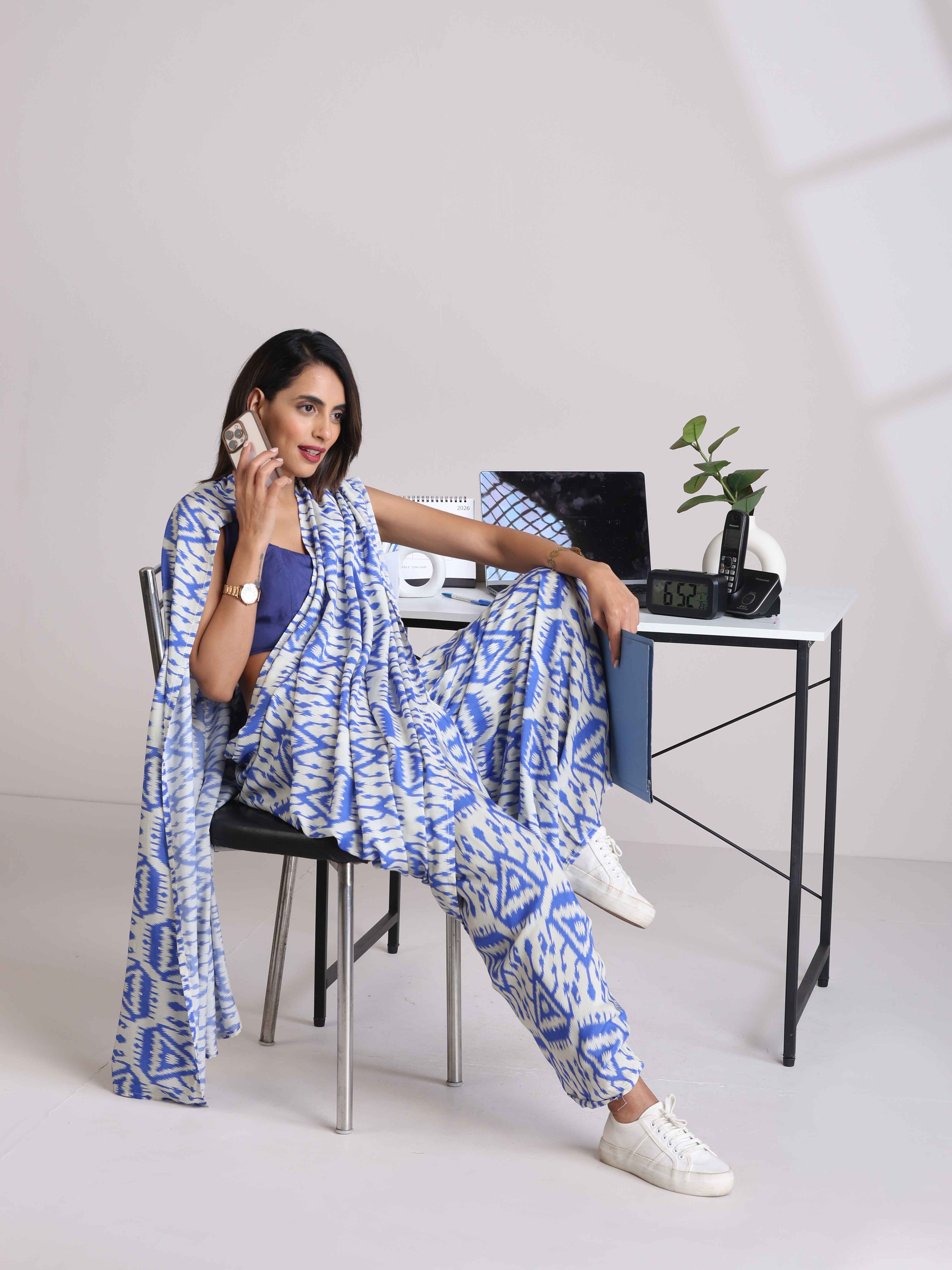 trueBrowns Blue Muslin Ikat Saree | Grocsy