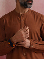trueBrowns Men's Brown Cotton Mandarin Collar Stylized Kurta | Grocsy