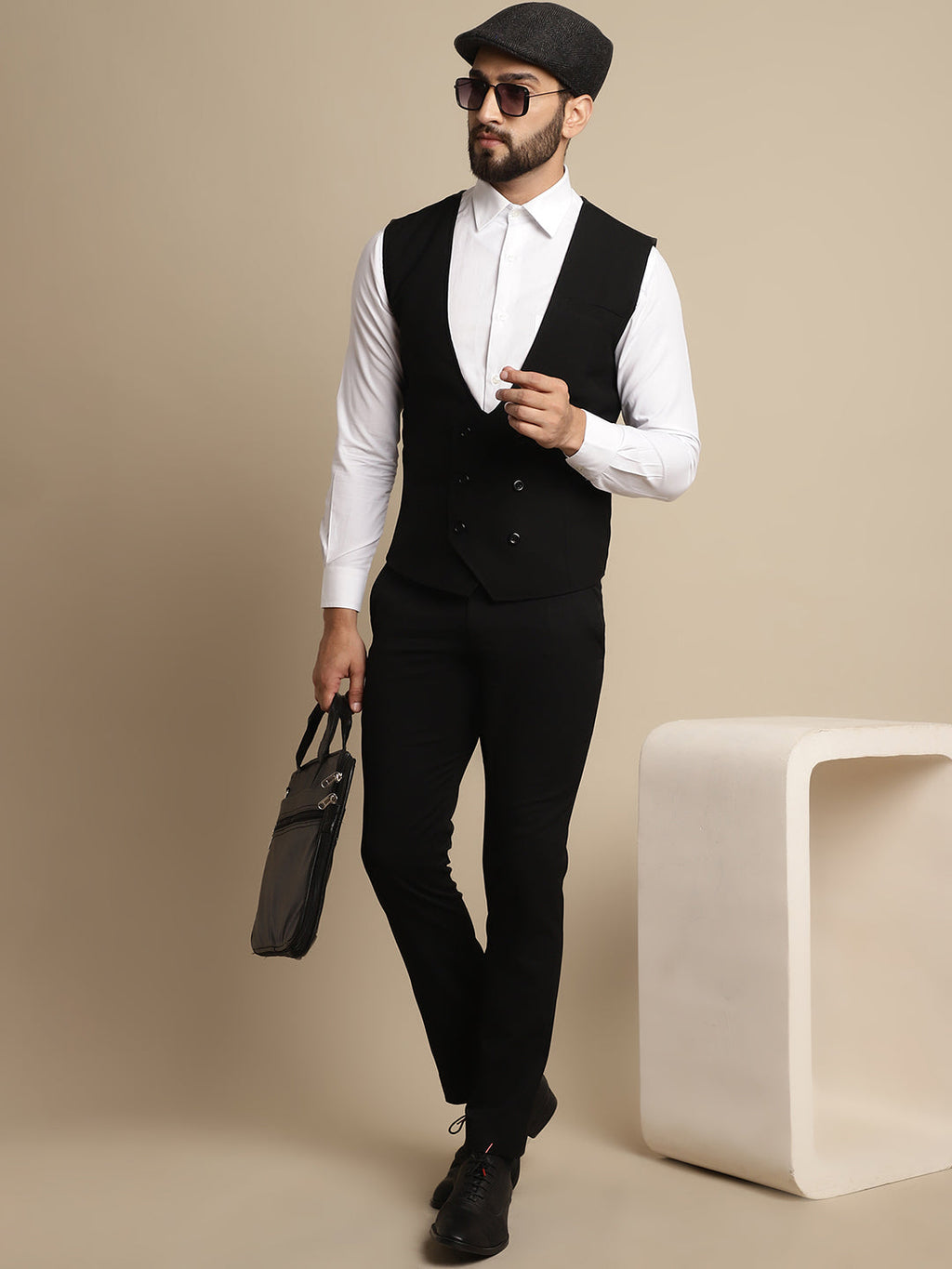 Even Apparels Men's Black Double Breast Waistcoat | Grocsy