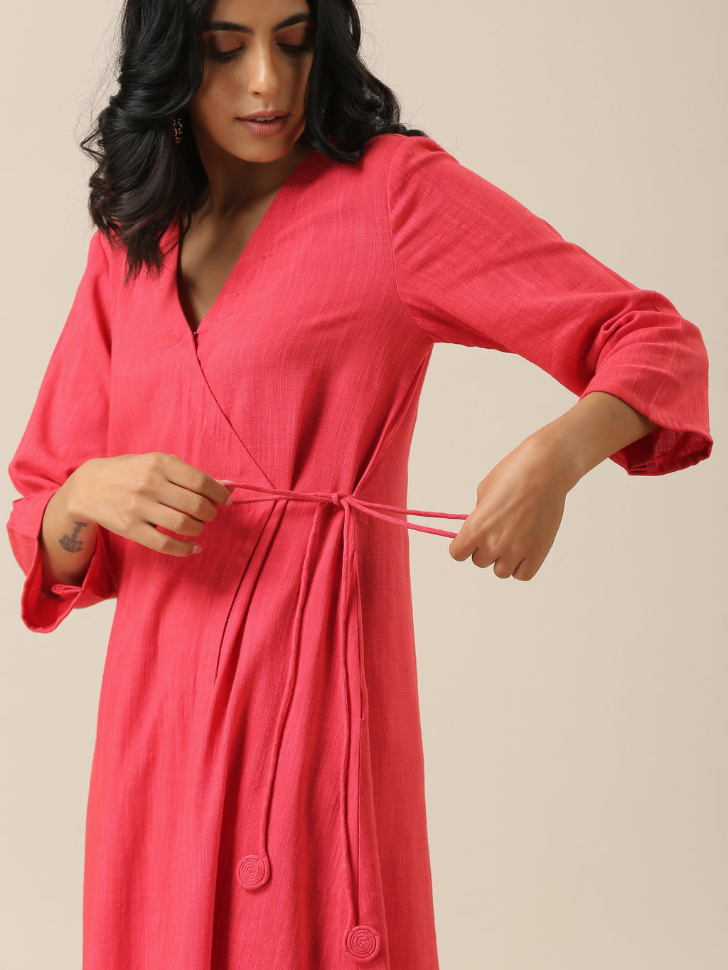 trueBrowns Bright Pink Slub Texture Angrakha Pant Set | Grocsy