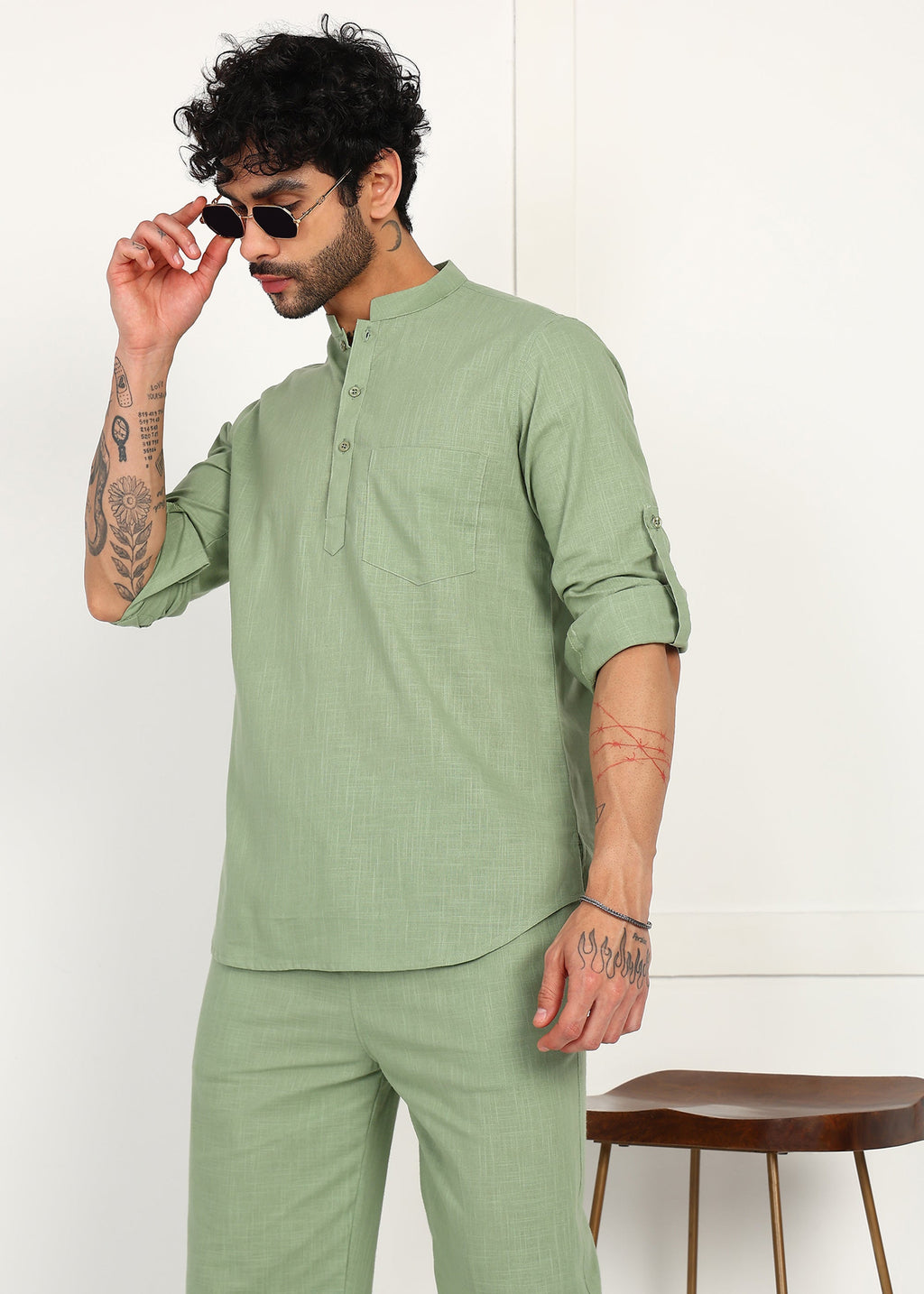 Fabmade Sage Linen Kurta Co-Ord Set | Grocsy