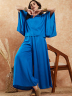 InWeave Women's Ink Blue Solid Collar Neck Boho Top Bottom Set | Grocsy