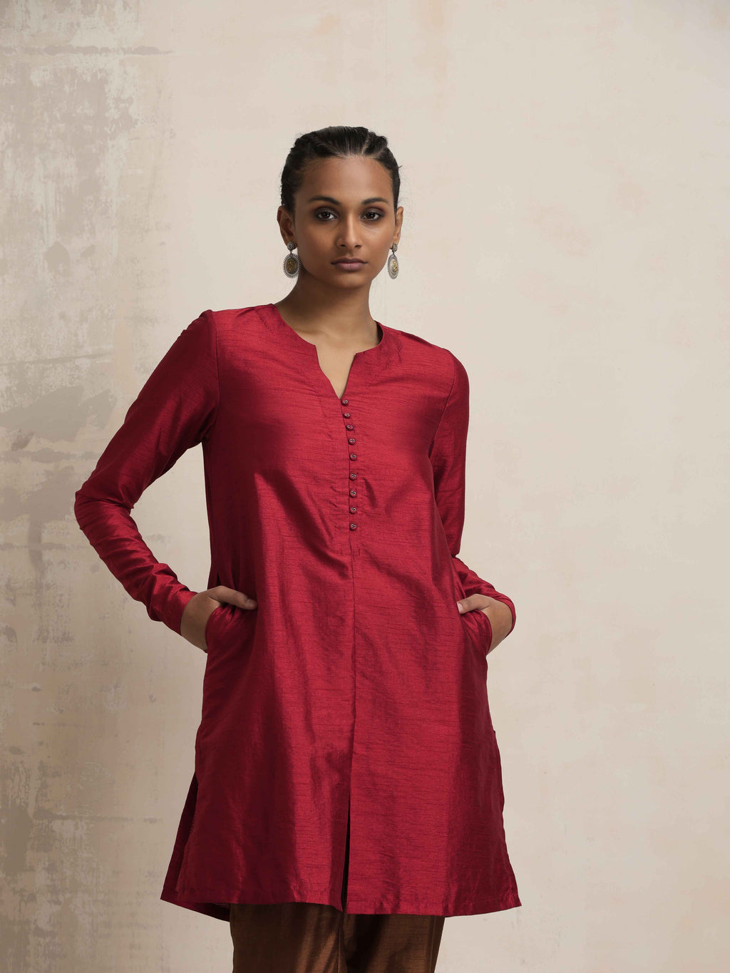 trueBrowns Red Silk Kurta Co-ord Set | Grocsy