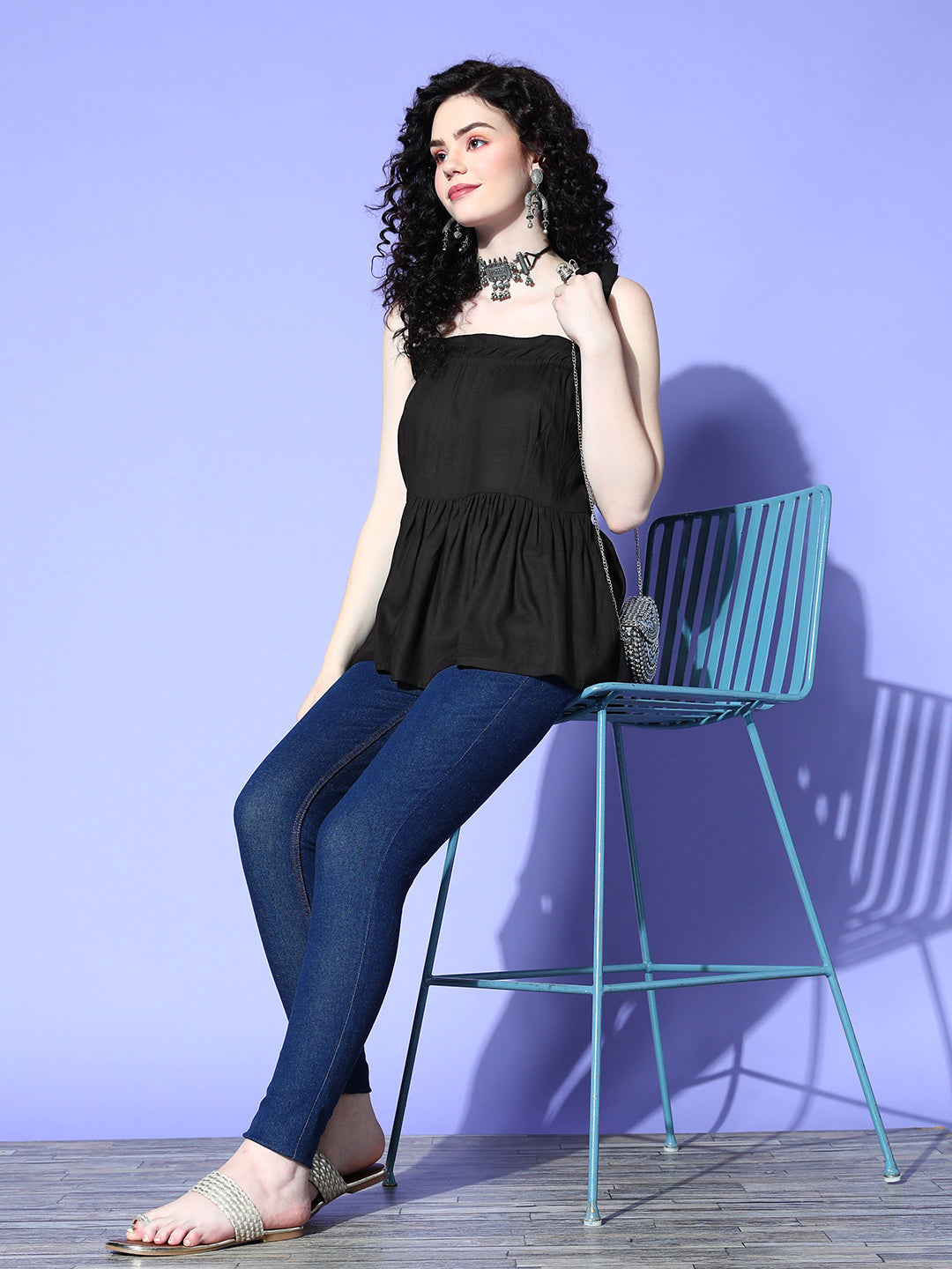InWeave Black Shoulder Tie-Up Top | Grocsy