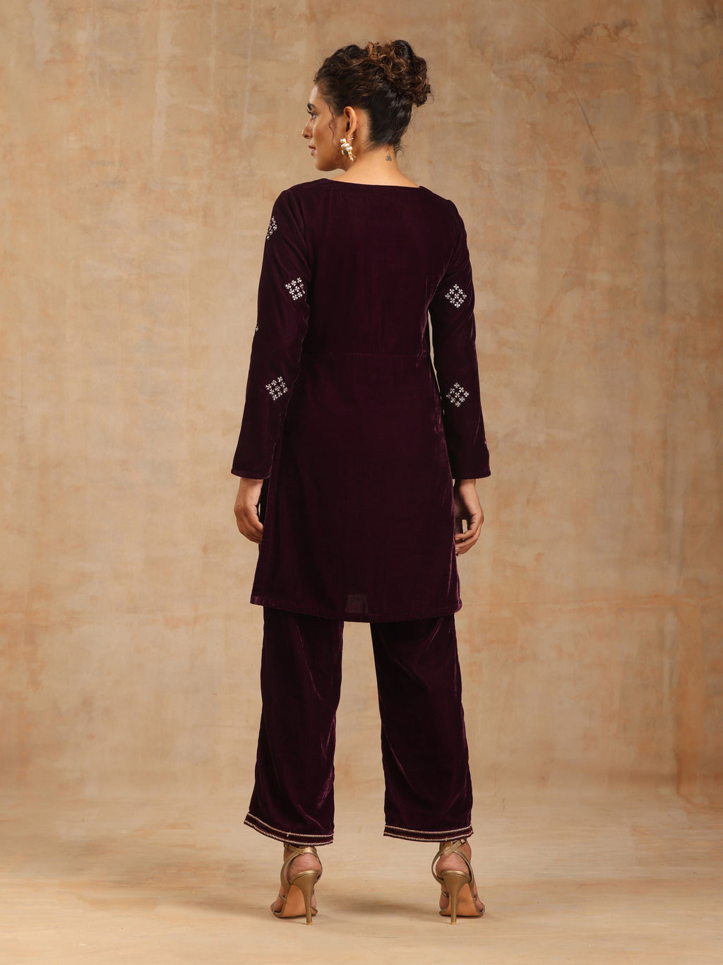 trueBrowns Wine Velvet Embroidered Co-ord Set | Grocsy