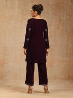 trueBrowns Wine Velvet Embroidered Co-ord Set | Grocsy
