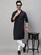 Even Apparels Black Pure Cotton Kurta With Band Collar | Grocsy