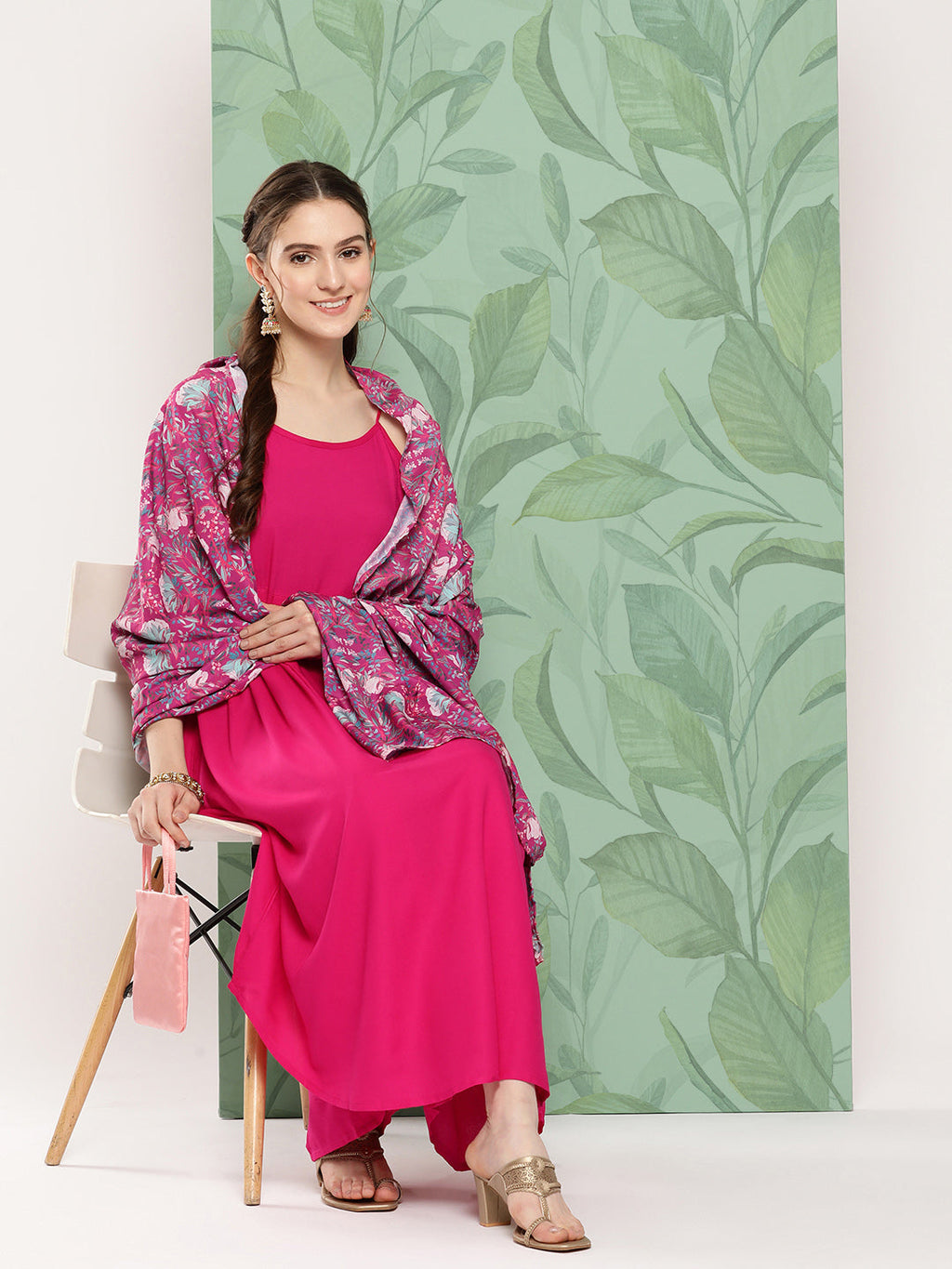 InWeave Women's Fuchsia Strappy Set W Magenta Camelia Cr Dupatta | Grocsy
