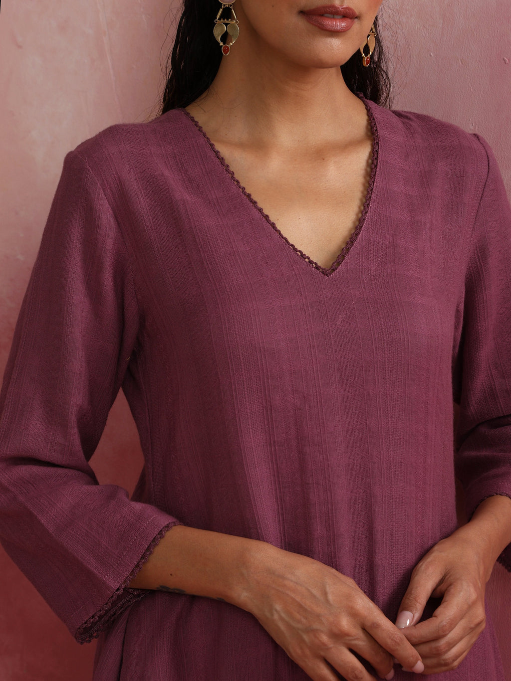 trueBrowns Light Purple Cotton Dobby Flared Kurta Set | Grocsy