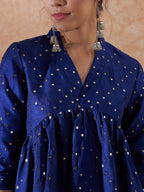 InWeave Women's Blue Mirror Work Flared Kurta | Grocsy