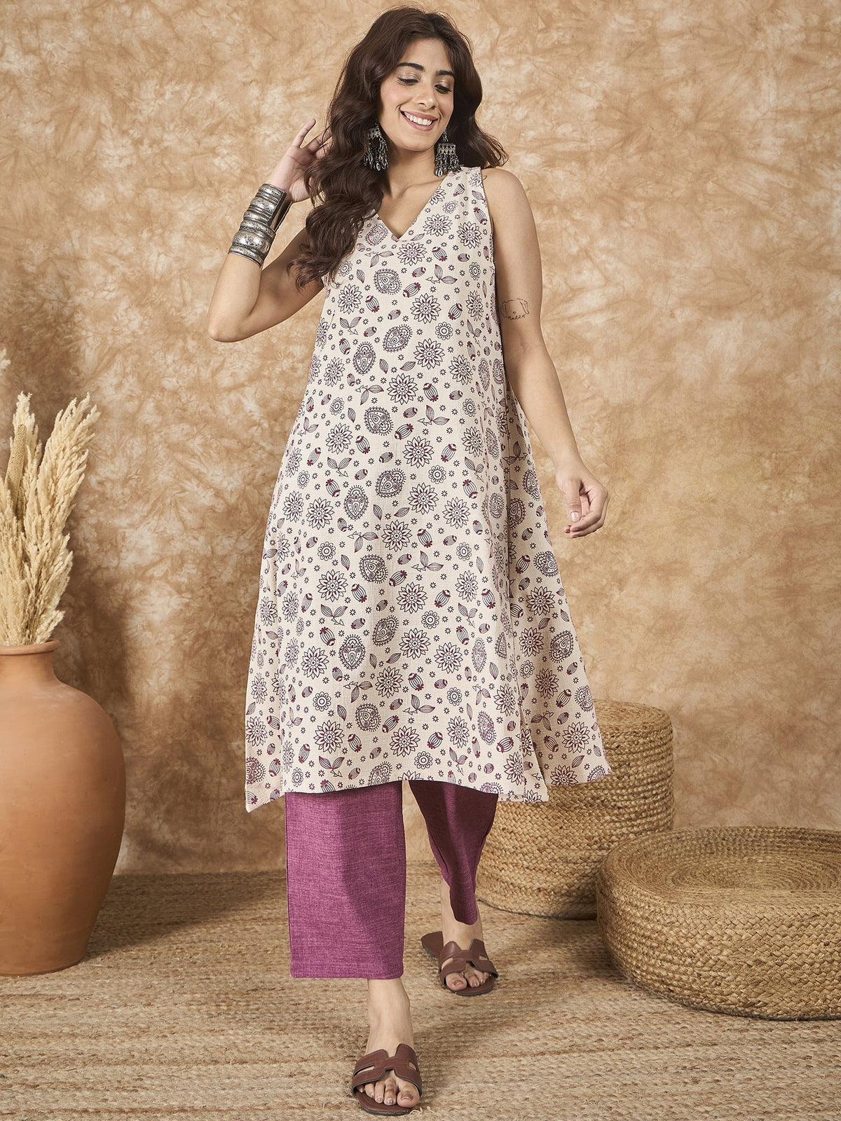 InWeave Dusty Mauve V Neck Aline Kurta Set | Grocsy