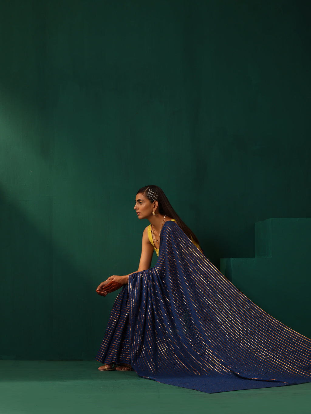 trueBrowns Royal Blue Cotton Gold Lurex Striped Ready to Wear Saree | Grocsy