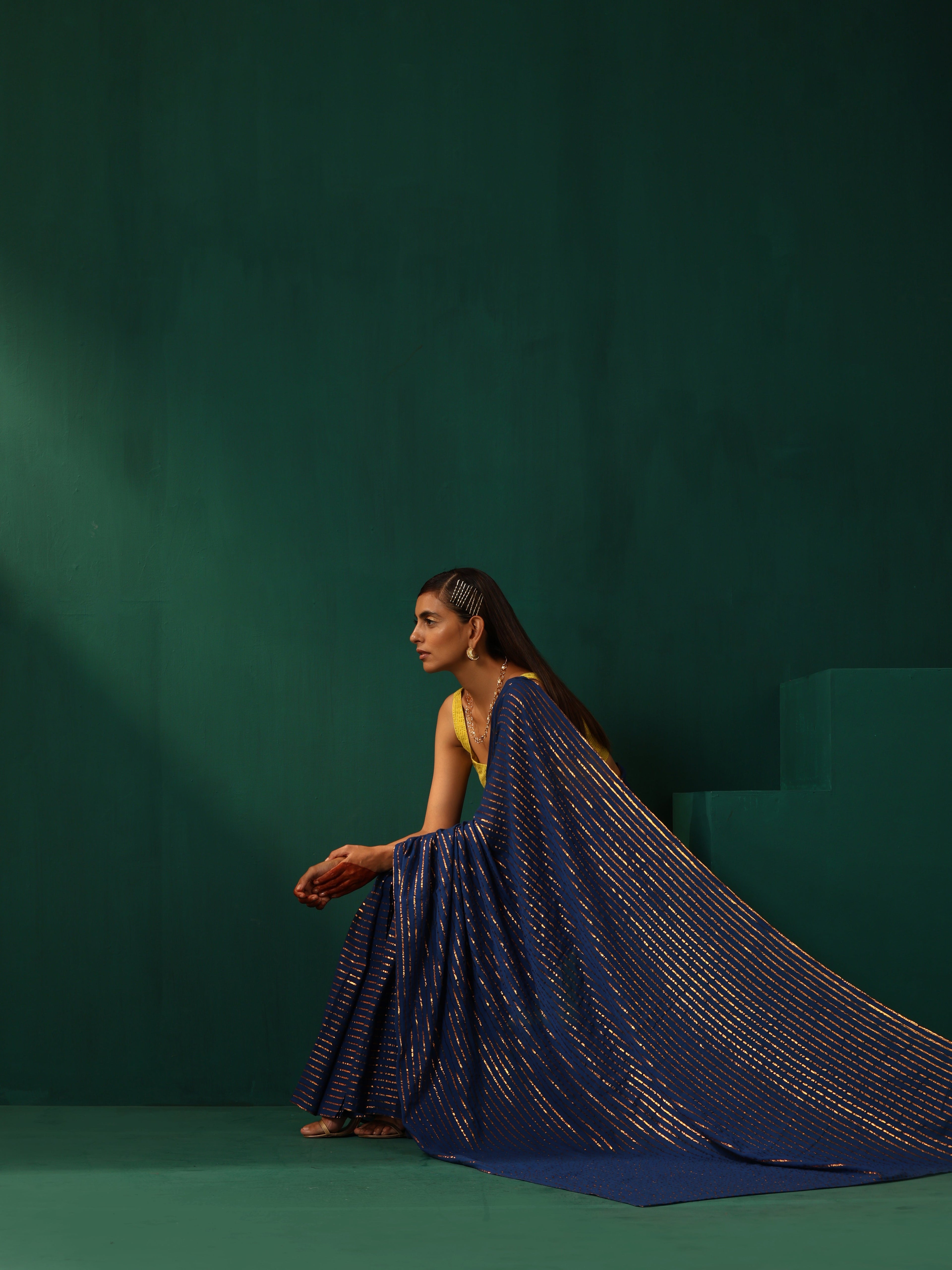 trueBrowns Royal Blue Cotton Gold Lurex Striped Ready to Wear Saree | Grocsy