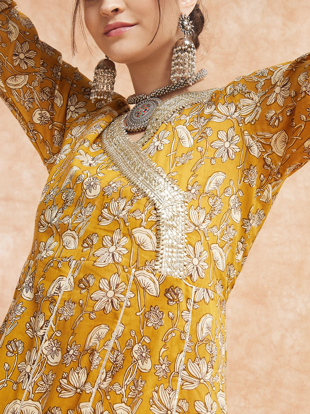 InWeave Women's Mustard Printed Gota Embroidered Anarkali Kurta | Grocsy