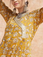 InWeave Women's Mustard Printed Gota Embroidered Anarkali Kurta | Grocsy