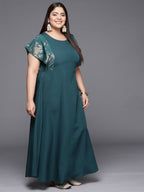 Ahalyaa Plus Size Floral Print Crepe Flared Sleeves A-line Maxi Ethnic Dress | Grocsy
