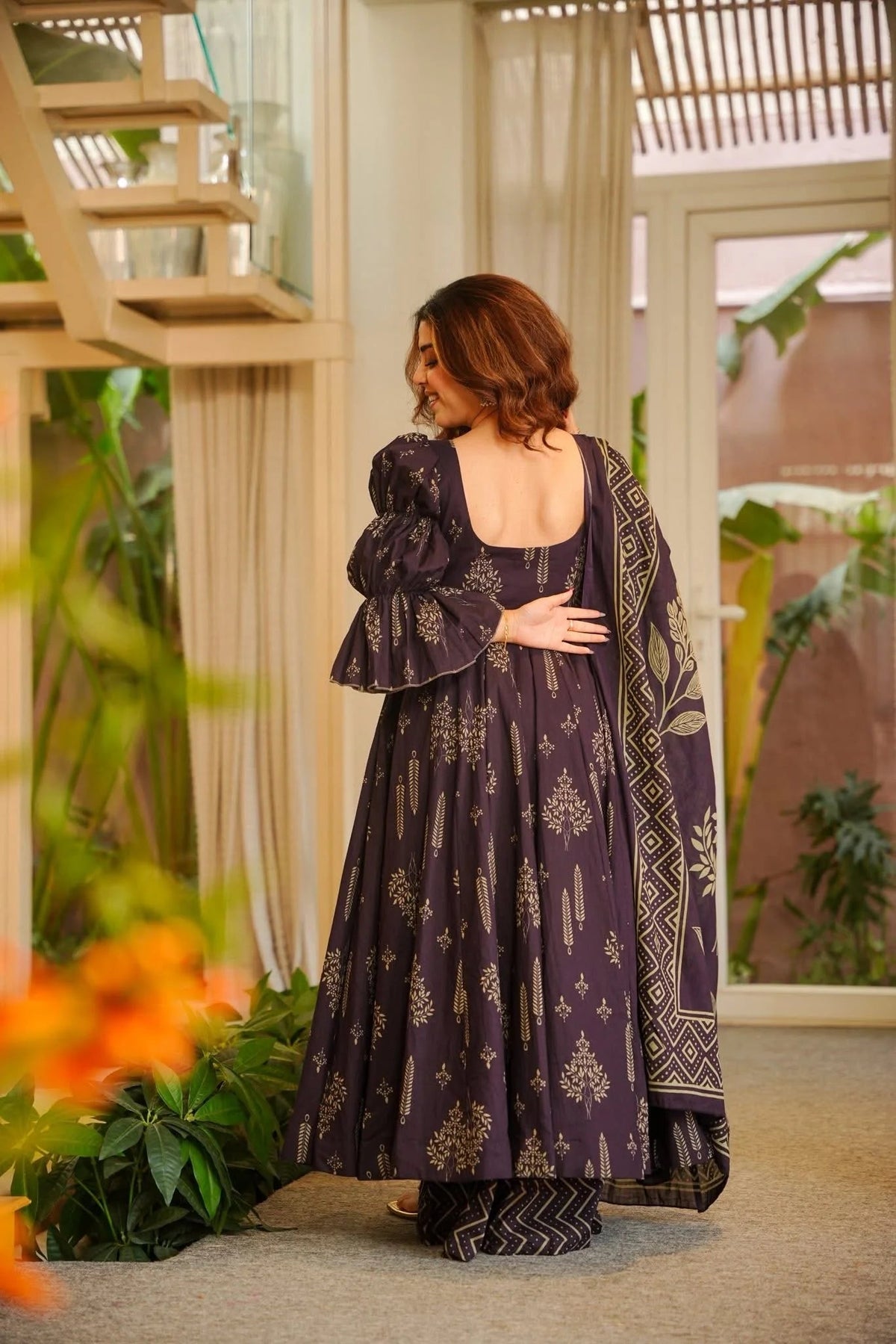 Yash Enterprise Navy Blue Digital Print Muslin Party Wear Sharara Suit Set | Grocsy
