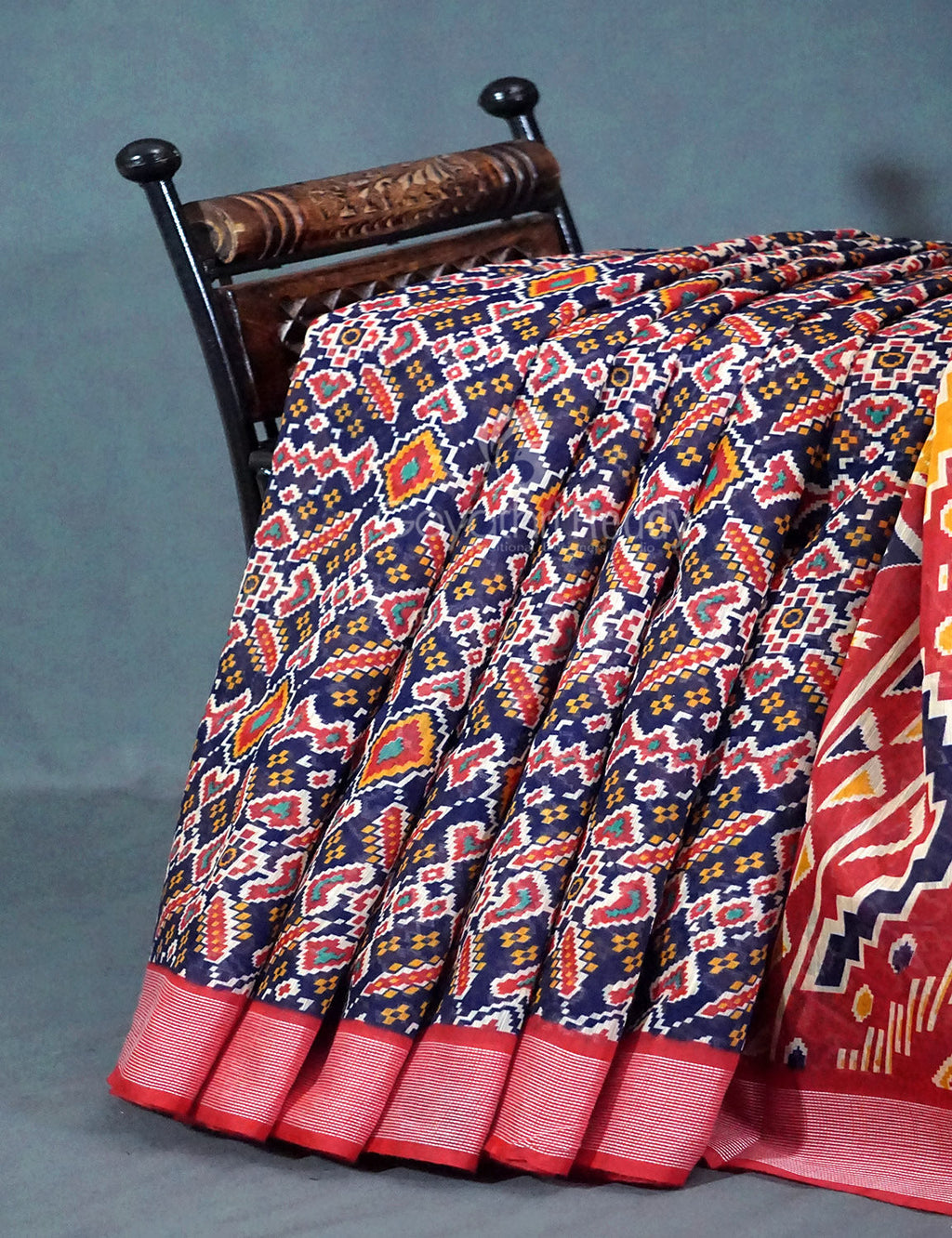 Shades of Navy Blue Colour Patola Print Semi Chanderi Saree By Gayathri Reddy Designer Studio | Grocsy