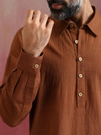 trueBrowns Men's Brown Cotton Shirt Collar Stylized Kurta Co-ord set | Grocsy