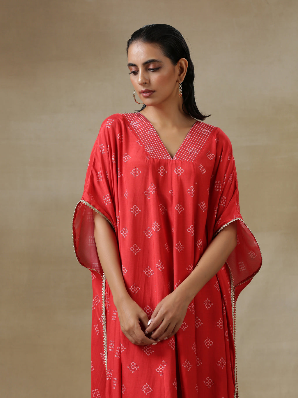 trueBrowns Red Bandhani Printed Silk Panel Kaftan Kurta Pant Set | Grocsy