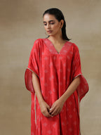 trueBrowns Red Bandhani Printed Silk Panel Kaftan Kurta Pant Set | Grocsy