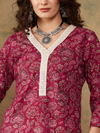 InWeave Women's Burgundy Maroon Print V Neck Lace Work Straight Kurta | Grocsy