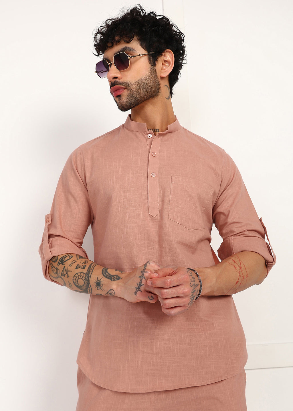 Fabmade Men’S Peach Linen Short Kurta Set | Grocsy