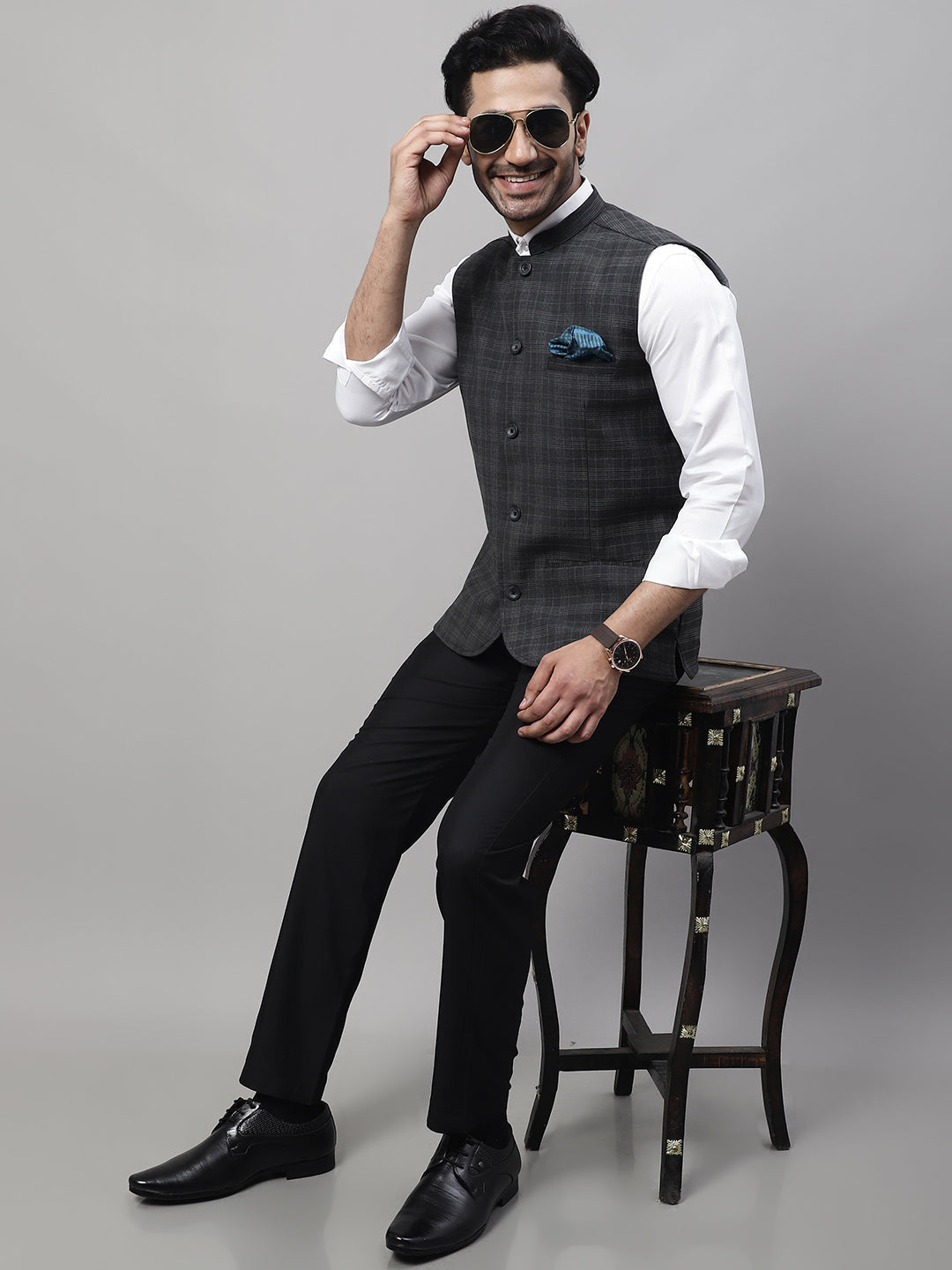 Even Apparels Men's Grey Nehru Jacket With Welt Pockets | Grocsy