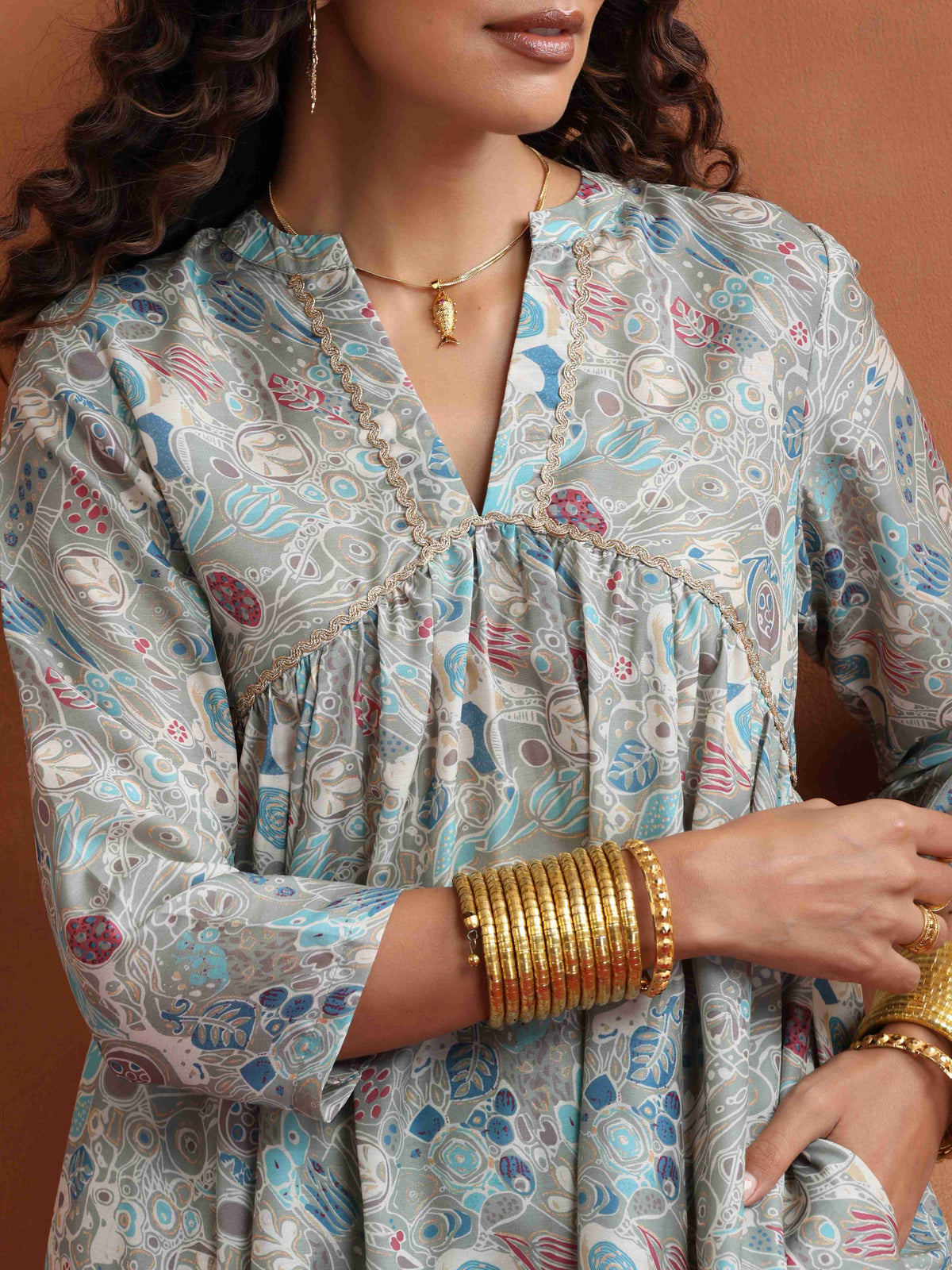 trueBrowns Green Print Flared Kurta Co-ord Set | Grocsy