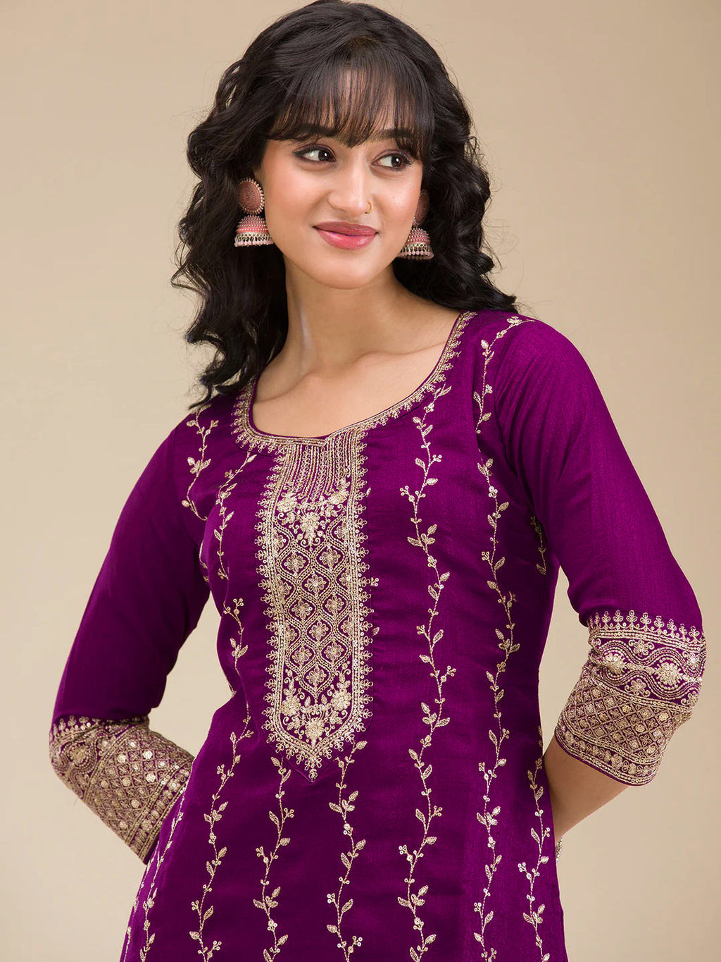 The52 Beautiful Embroidered Vichitra Silk Fabric Straight Kurta, Palazzo and Dupatta Set | Grocsy