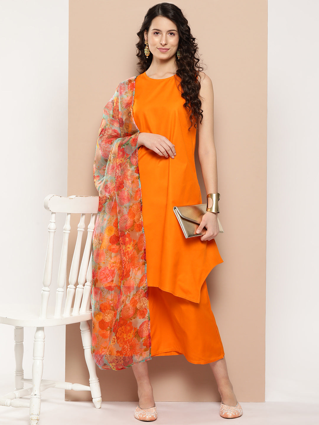 InWeave Women's Tangy Orange Short Pallazo Set W Green Or Dupatta | Grocsy